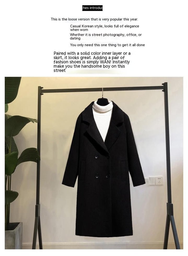 Black Woolen Mid-length Fall Winter Popular Loose-fitting Hepburn Style Woolen Coat-Women's Outerwear 2023-Zishirts