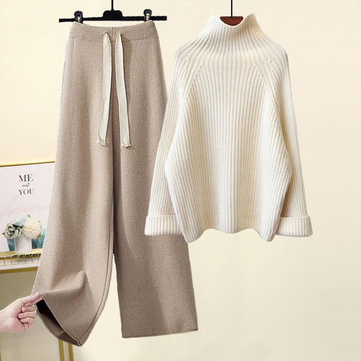 Thickened Coarse Yarn Knitwear Wide Leg Pants Two-piece Set-Women's Outerwear 2023-Zishirts