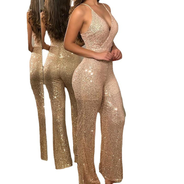 Women's Champagne Suspenders Sequin Jumpsuit-Women's Outerwear 2023-Zishirts