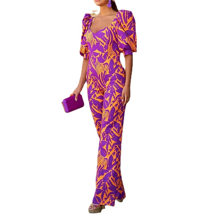 Women's Printed V-neck Lantern Sleeve Jumpsuit-Women's Outerwear 2023-Zishirts