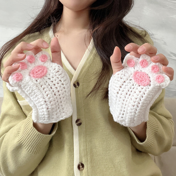 Cat's Paw Gloves Handmade Wool Woven Half Finger Finished Cute Warm Winter Gift For Girlfriend-Women's Outerwear 2023-Zishirts