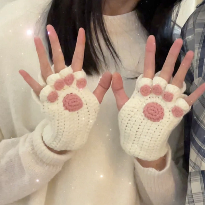 Cat's Paw Gloves Handmade Wool Woven Half Finger Finished Cute Warm Winter Gift For Girlfriend-Women's Outerwear 2023-Zishirts