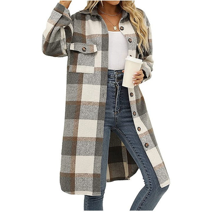 Plaid Lapel Button Woolen Casual Trench Coat-Women's Outerwear 2023-Zishirts