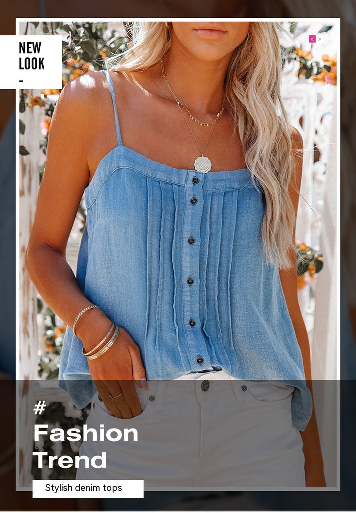 Summer Button Square Collar Sexy Camisole Denim Small Vest-Women's Outerwear 2023-Zishirts