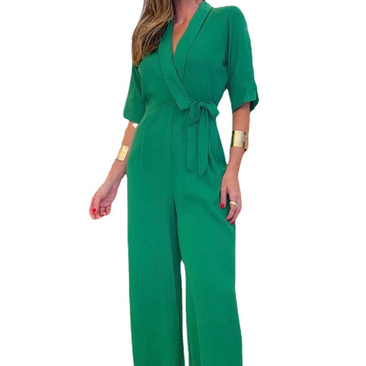 Women's Green Middle Sleeve Lapel Lace-up Jumpsuit-Women's Outerwear 2023-Zishirts