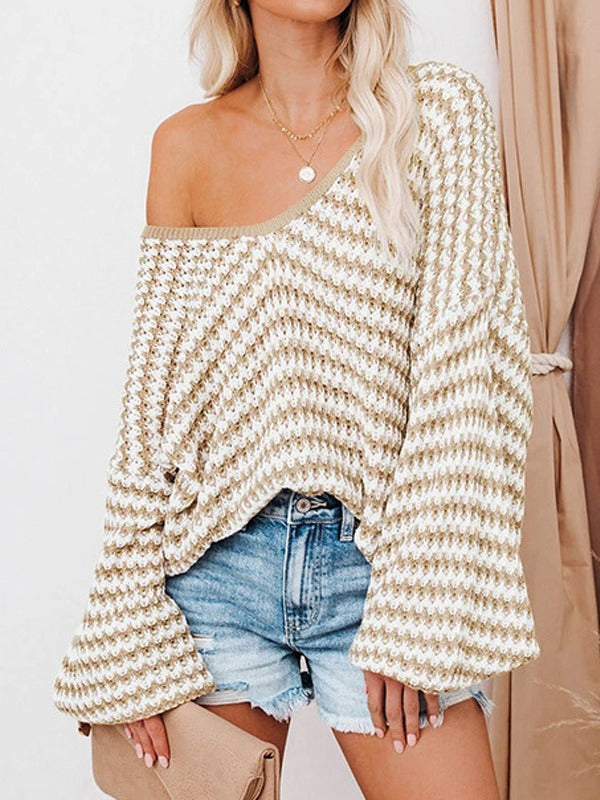 Women's Fashion Casual Wave Striped Puff Sleeve Loose Sweater-Women's Outerwear 2023-Zishirts