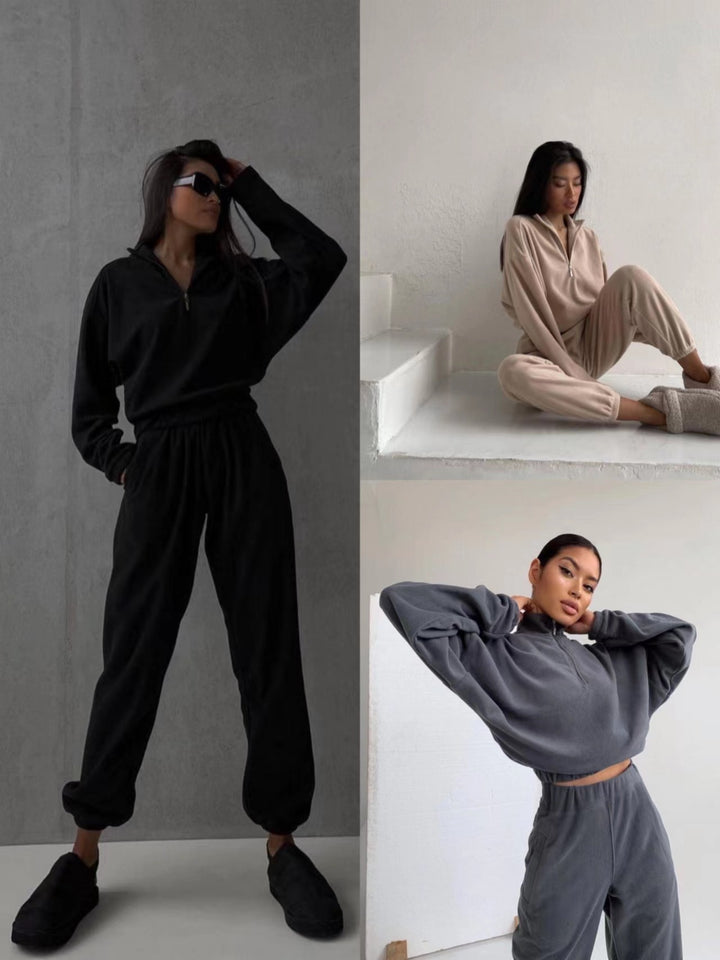 Fashion High Collar Leisure Fleece Sweater Suit-Women's Outerwear 2023-Zishirts