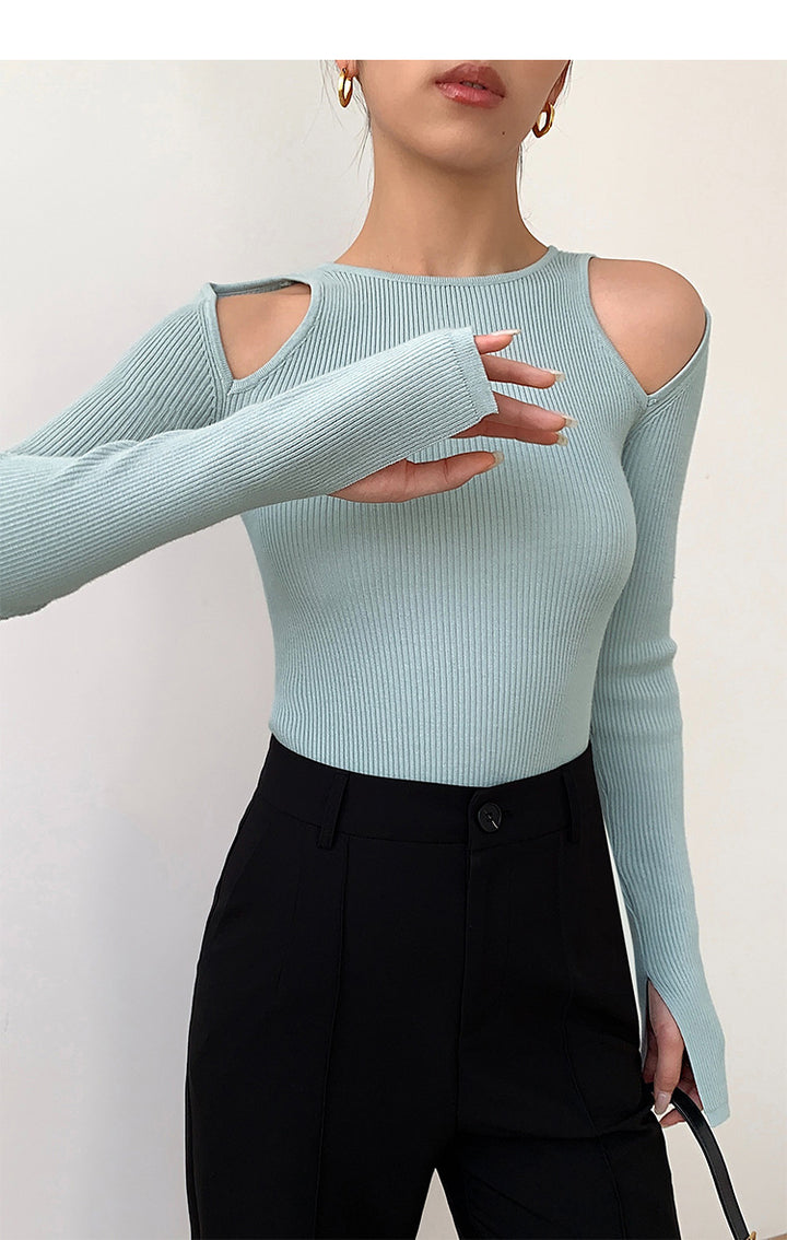 Black Strapless Long Sleeve Bottoming Shirt Women's Spring And Autumn Cut-out Bottoming Slim Fit Skinny Short Top-Women's Outerwear 2023-Zishirts