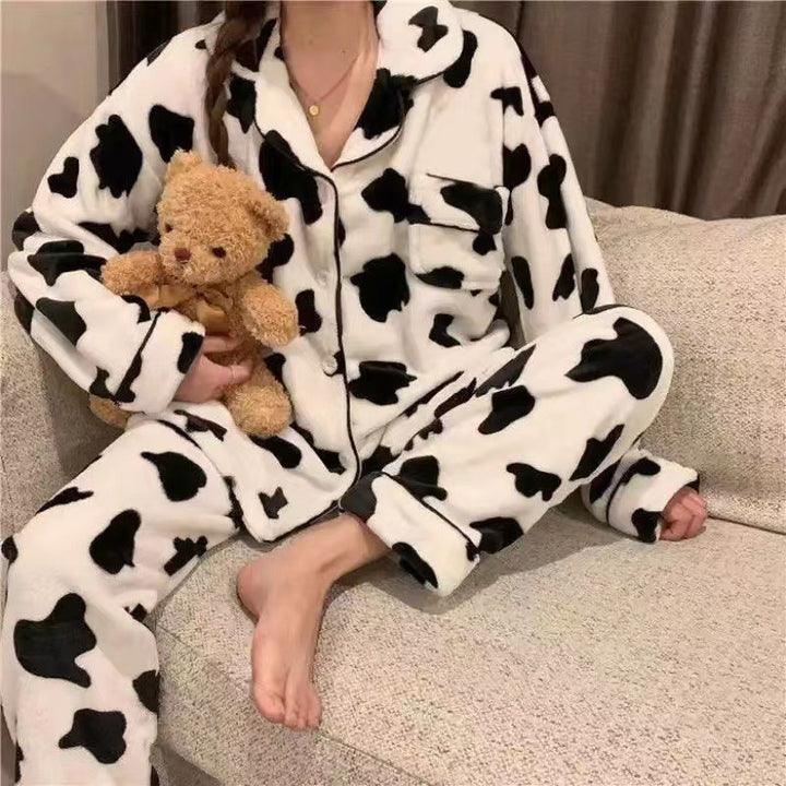 Ins Black And White Contrast Color Cow Pajamas Flannel Autumn And Winter Warm Cartoon Sweet Homewear-Women's Outerwear 2023-Zishirts