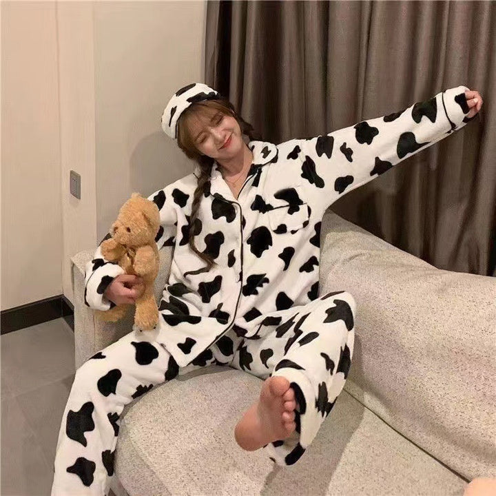 Ins Black And White Contrast Color Cow Pajamas Flannel Autumn And Winter Warm Cartoon Sweet Homewear-Women's Outerwear 2023-Zishirts