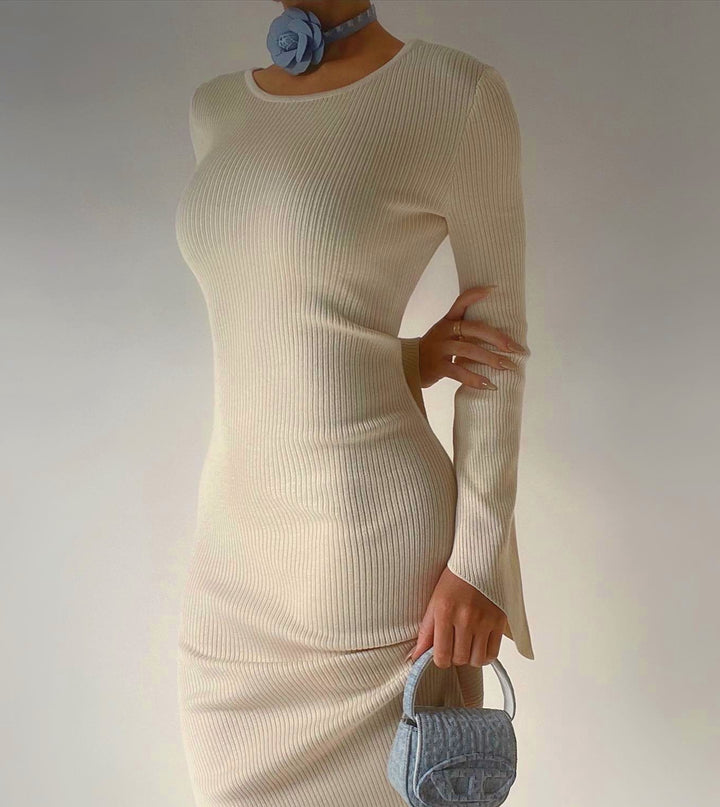 Autumn And Winter Long Sleeve Knitted European And American Fashion Backless Round Neck Dress-Women's Outerwear 2023-Zishirts