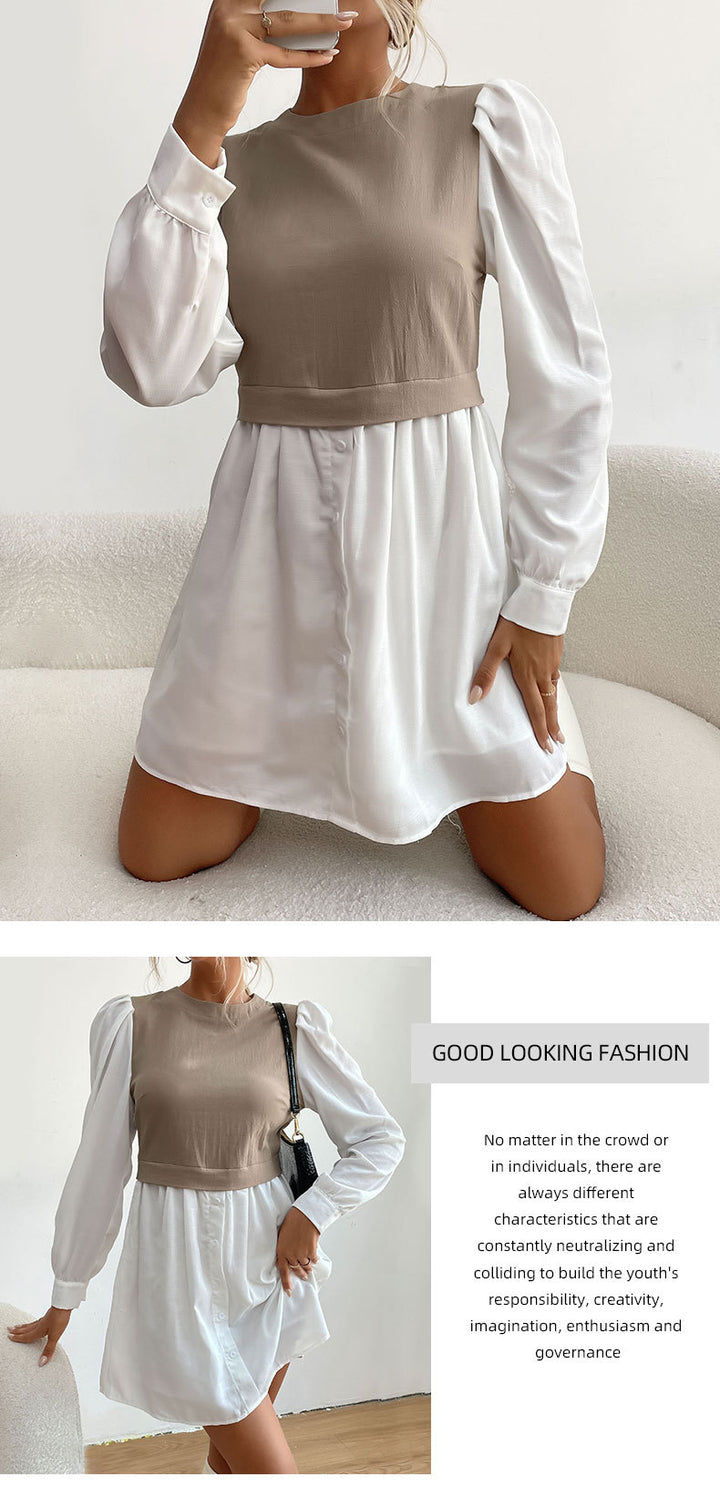 Round Neck Puff Sleeve Color Contrast Patchwork Commuter Shirt Dress-Women's Outerwear 2023-Zishirts