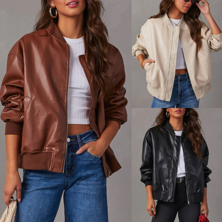 Leather Baseball Uniform Jacket Long-sleeved Motorcycle Jacket Leather Coat-Women's Outerwear 2023-Zishirts