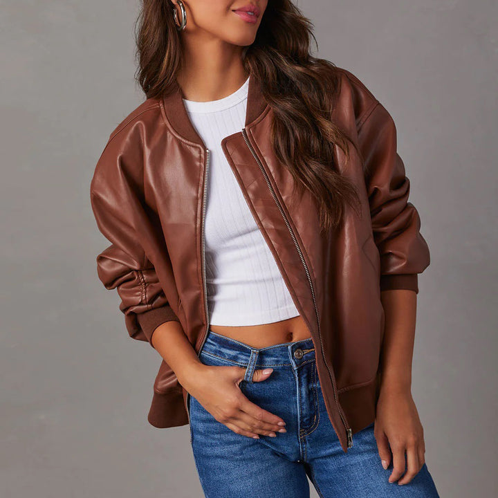 Leather Baseball Uniform Jacket Long-sleeved Motorcycle Jacket Leather Coat-Women's Outerwear 2023-Zishirts