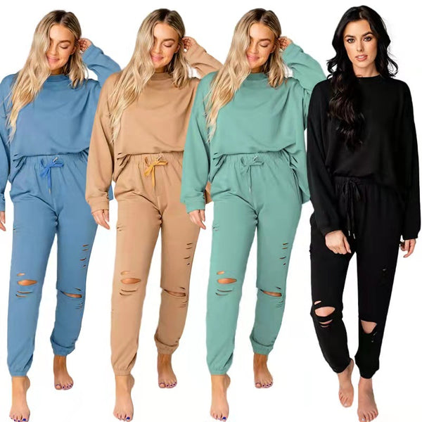 Women's Solid Color Ripped Round Neck Pullover Pants Casual Long Sleeve Sweatshirt Cotton Suit-Women's Outerwear 2023-Zishirts