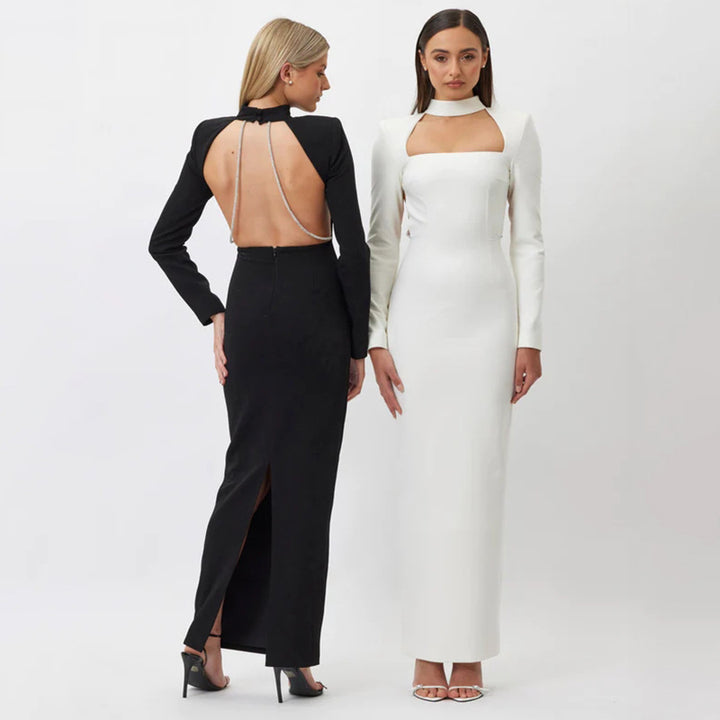 Sexy Fashionable Fitted Long Sleeve Rhinestone Backless Slit Long Dress-Women's Outerwear 2023-Zishirts