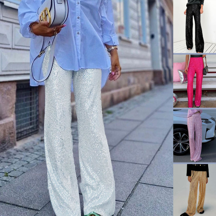 Pure Color Sequins Fashion Casual Straight Pants-Women's Outerwear 2023-Zishirts