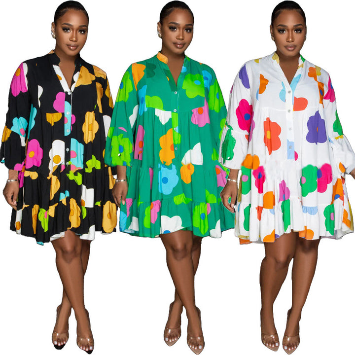 Women's Clothing Painted Print V-neck Long-sleeve Dress-Women's Outerwear 2023-Zishirts