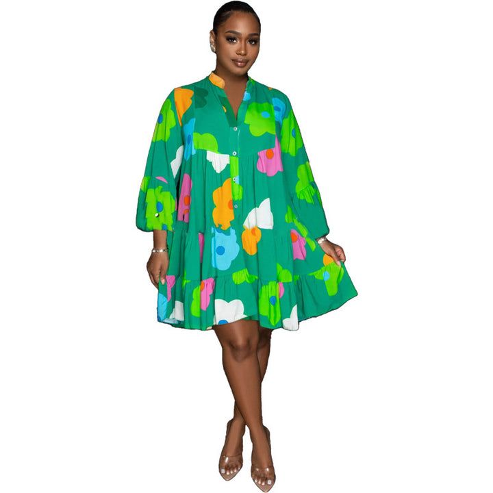 Women's Clothing Painted Print V-neck Long-sleeve Dress-Women's Outerwear 2023-Zishirts