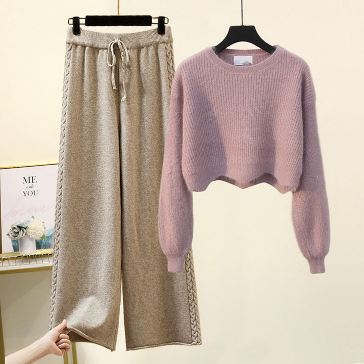 Autumn And Winter Set Knitted Sweater Slimming All-match Wide Leg Pants Suit-Women's Outerwear 2023-Zishirts