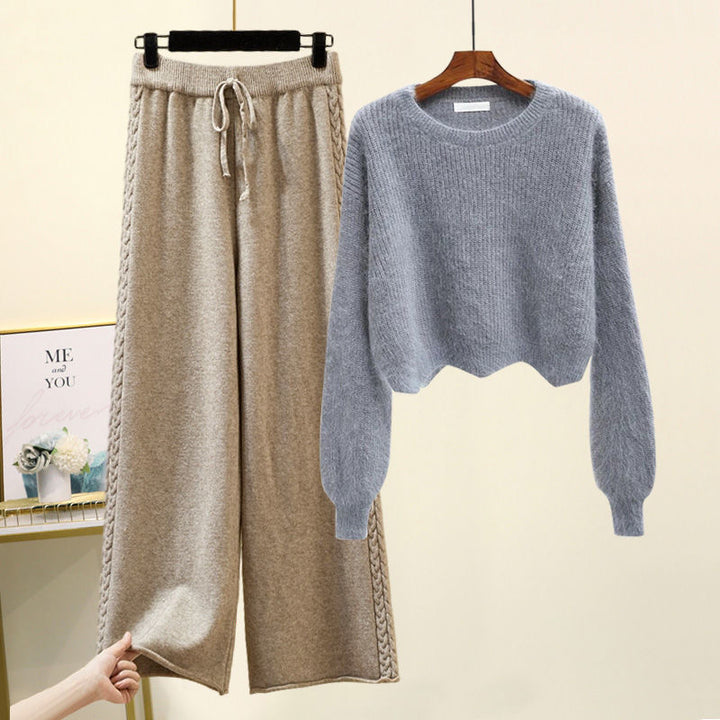 Autumn And Winter Set Knitted Sweater Slimming All-match Wide Leg Pants Suit-Women's Outerwear 2023-Zishirts