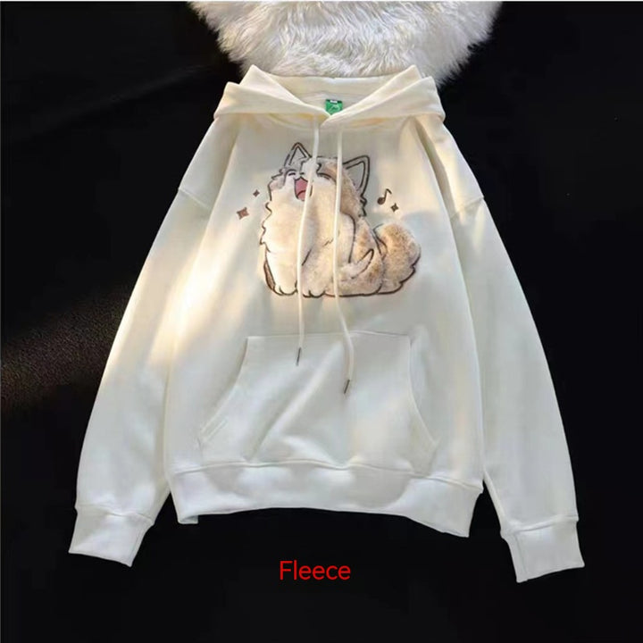 Embroidered Kitten Female Fleece-lined Thickened Hooded Sweatshirt-Women's Outerwear 2023-Zishirts