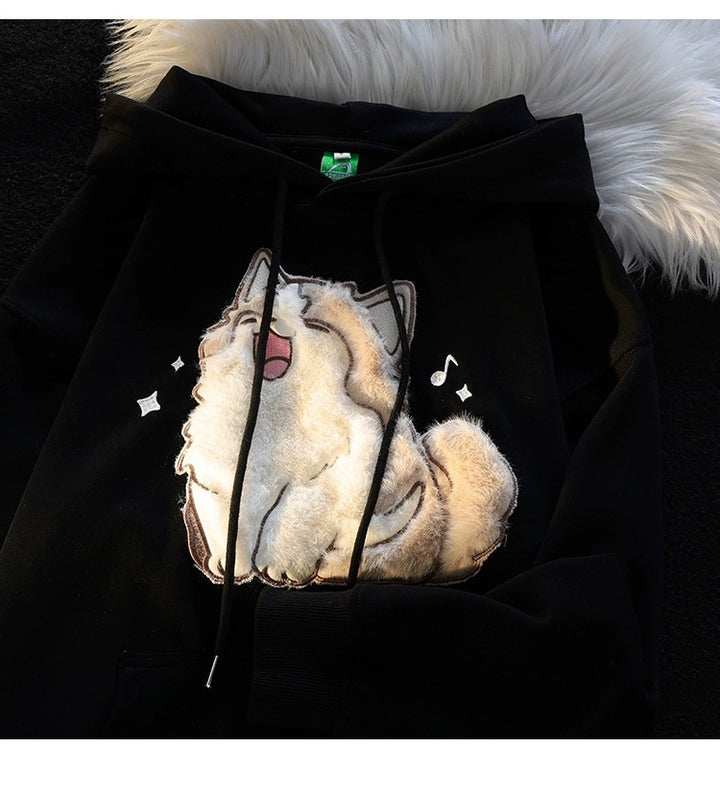 Embroidered Kitten Female Fleece-lined Thickened Hooded Sweatshirt-Women's Outerwear 2023-Zishirts