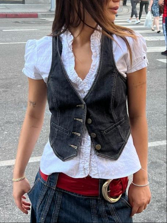 European And American Fashion Slim Fit Denim Vest-Women's Outerwear 2023-Zishirts