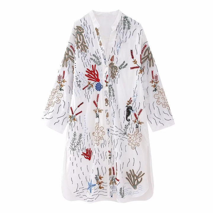 Women's Loose Casual Embroidered Long Shirt Dress-Lady Dresses-Zishirts