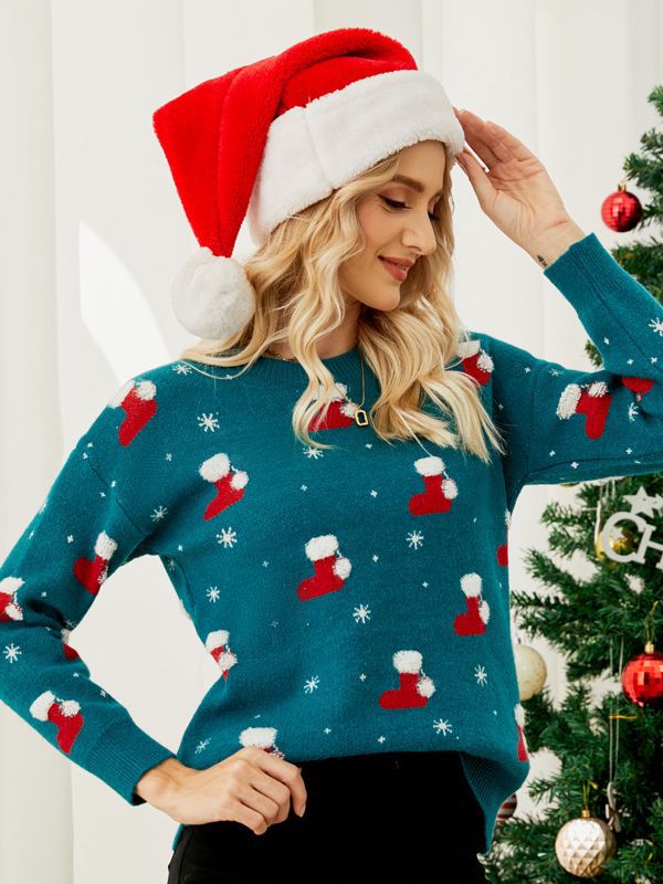 Women's Fashion Temperament Crew Neck Cartoon Christmas Sweater-Sweaters-Zishirts