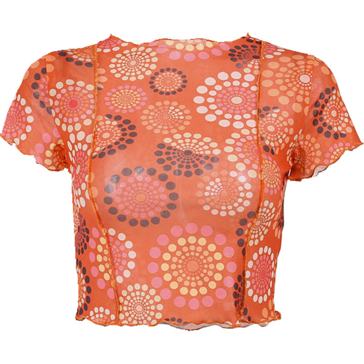 Round Neck Tulle Printed Short Sleeve-Blouses & Shirts-Zishirts