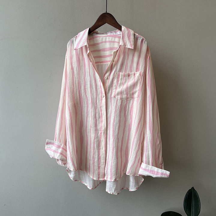 Vertical Striped Long-sleeved Shirt Lightweight Sun Protection Top-Blouses & Shirts-Zishirts