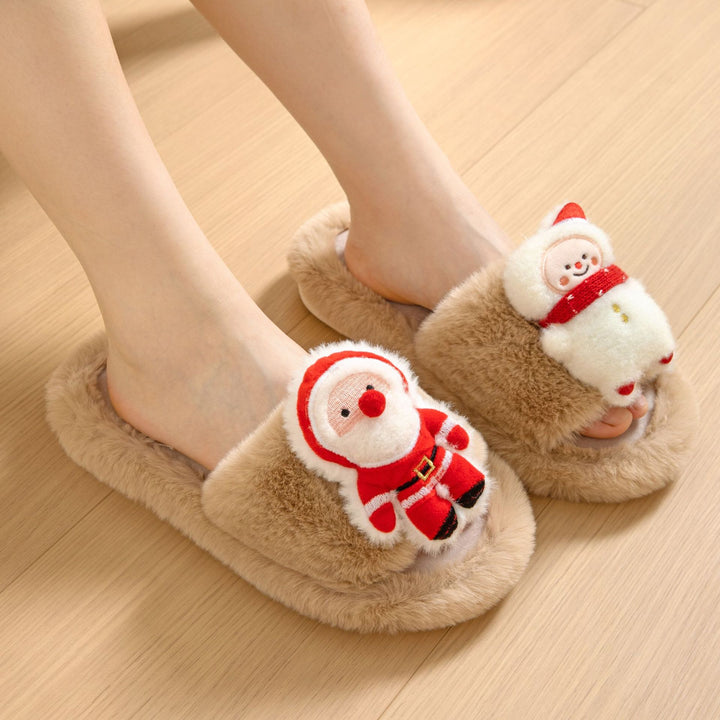 Christmas Shoes Ins Santa Claus Open-toe Cotton Slippers Winter Home Indoor Floor Plush Warm Furry Slippers Women-Womens Footwear-Zishirts