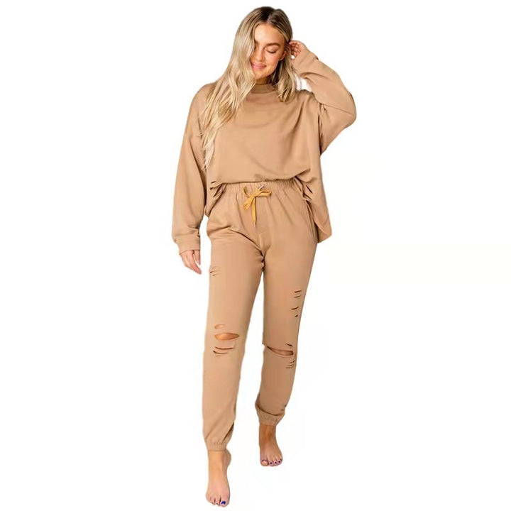 Women's Solid Color Ripped Round Neck Pullover Pants Casual Long Sleeve Sweatshirt Cotton Suit-Women's Outerwear 2023-Zishirts