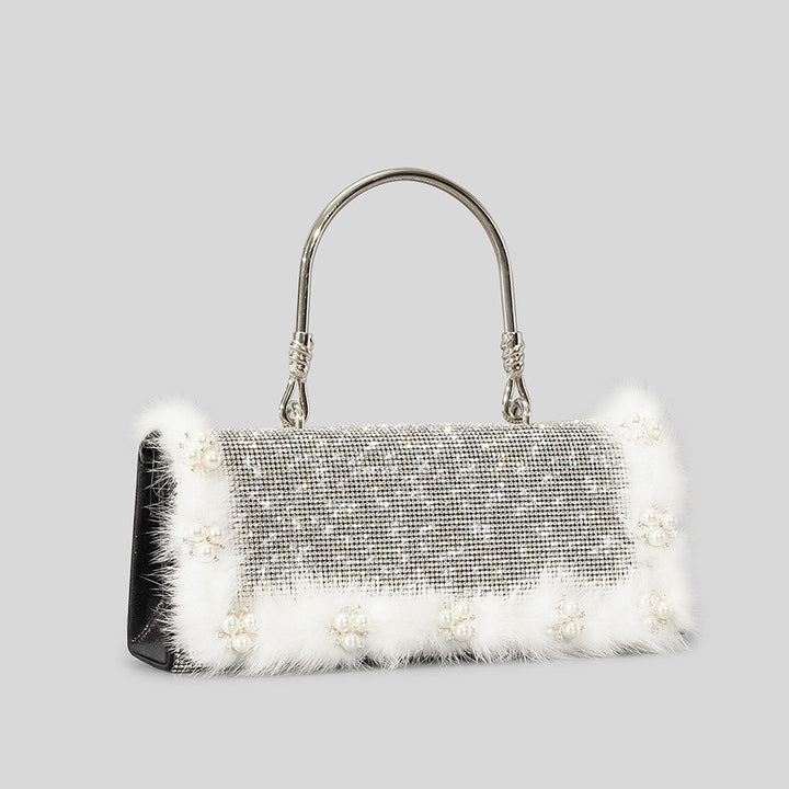 Ostrich Fur Pearl Rhinestone Bag Women's New-Women's Bags-Zishirts