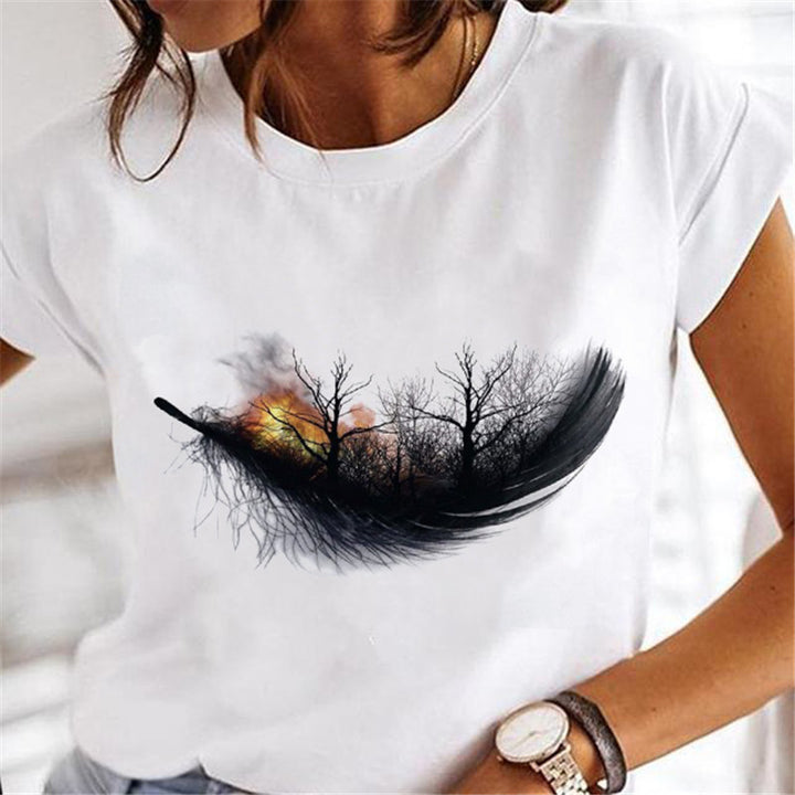 Feather Fashion Print Round Neck Sports Short Sleeve-Womens 2024 March-Zishirts