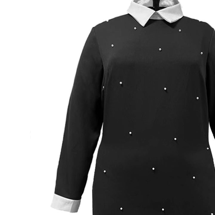 Elegant Lapel Long Sleeve Stitching Contrast Color Beaded Dress-Lady Dresses-Zishirts