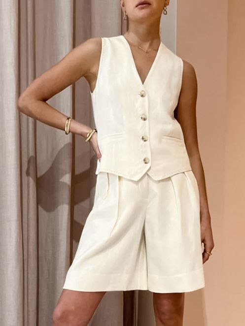 Women's Fashion Casual Cotton Linen Vest Shorts Casual Suit-Suits & Sets-Zishirts