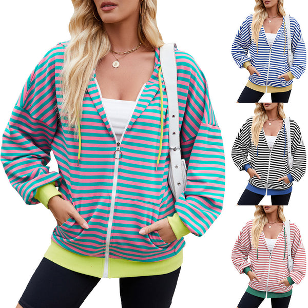 Striped Zipper Hooded Sweatshirt Fashion Loose Pockets Long-sleeved Jacket For Women Tops-Jackets-Zishirts