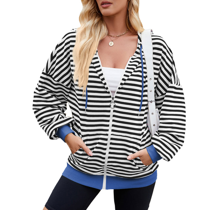 Striped Zipper Hooded Sweatshirt Fashion Loose Pockets Long-sleeved Jacket For Women Tops-Jackets-Zishirts