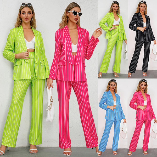 Women's Fashion Casual Striped Blazer Straight-leg Wide-leg Pants Suit-Suits & Sets-Zishirts