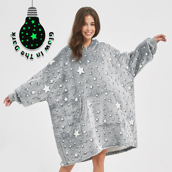 Winter Plush Hoodie Blanket Home Clothes With Stares Moon Luminous Design Oversized Pockets Pullover Nightgown Lazy Warm Homewear Pajamas-Jackets-Zishirts