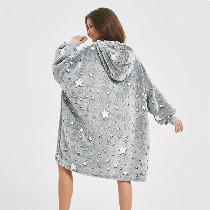 Winter Plush Hoodie Blanket Home Clothes With Stares Moon Luminous Design Oversized Pockets Pullover Nightgown Lazy Warm Homewear Pajamas-Jackets-Zishirts