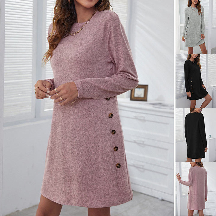 Long-sleeved Round-neck Straight Dress Fashion Casual Loose Solid Color Dress For Women Fall Spring Clothing-Lady Dresses-Zishirts