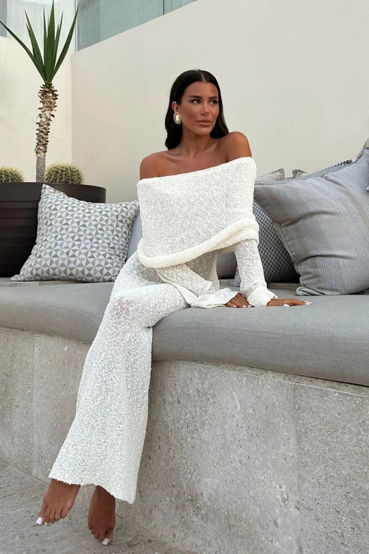 French-style One-shoulder Knitted Dress Fashion Party Beach Long-sleeved Long Dresses Fall Wainter Women's Clothing-Lady Dresses-Zishirts