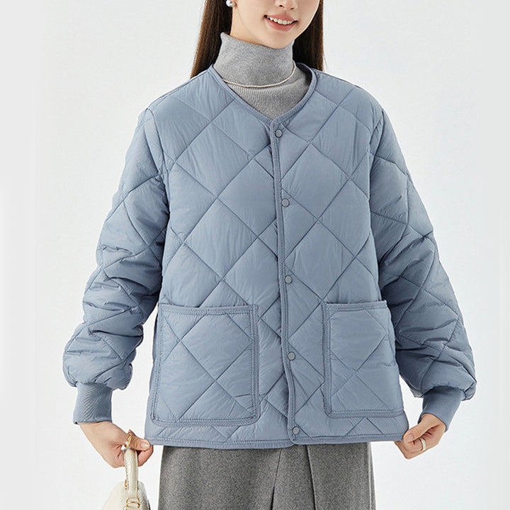 New Rhombus Sewing Cotton Coat Winter Warm Round-neck Jacket With Pockets Lightweight Outerwear For Women's Clothing-Jackets-Zishirts