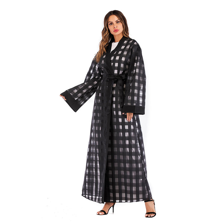 Muslim Plaid Loose Sleeved Lace Up Robe For Women-Jackets-Zishirts