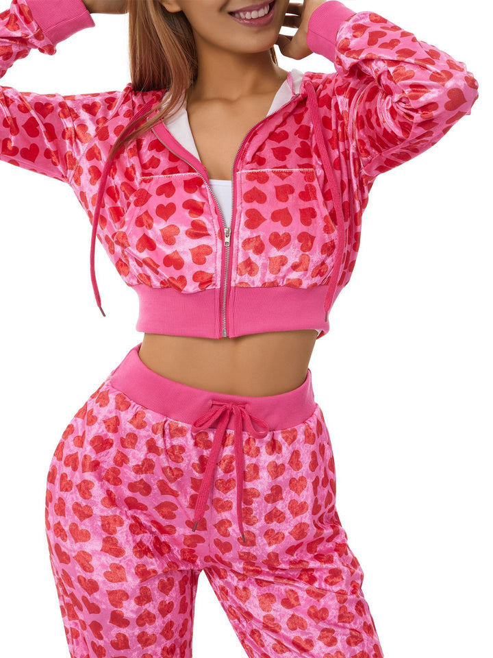 Velvet Love Printed Hooded Sweater Fashion Suit Women-Suits & Sets-Zishirts