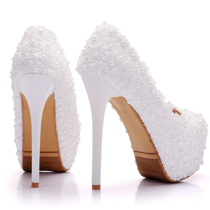 Large Size Waterproof Platform High Heel Round Toe Pearl Shoes-Womens Footwear-Zishirts