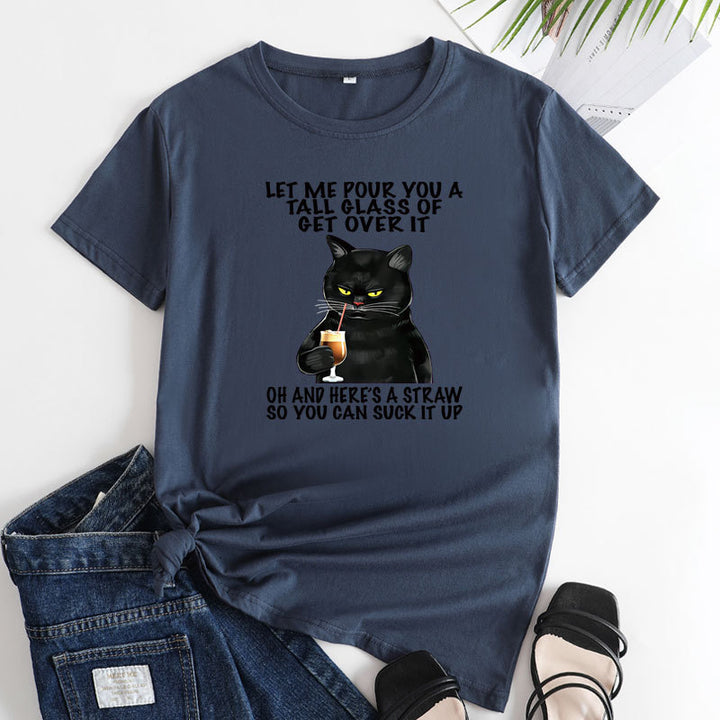 Plus Size Cat Printing Cotton Round Neck Short Sleeve-Blouses & Shirts-Zishirts